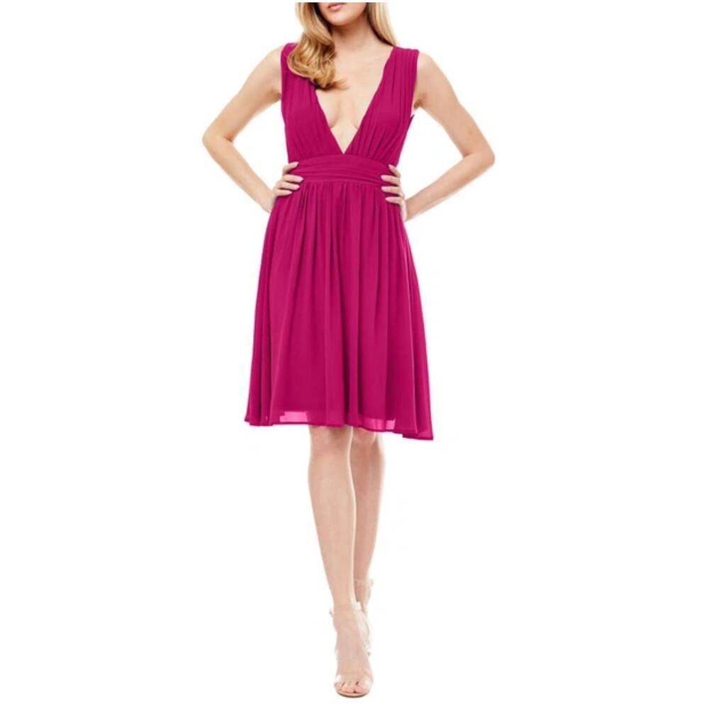 Love by Design Melissa Plunge Neck Chiffon Fit & Flare Dress. Berry Size L NWOT - Picture 2 of 7